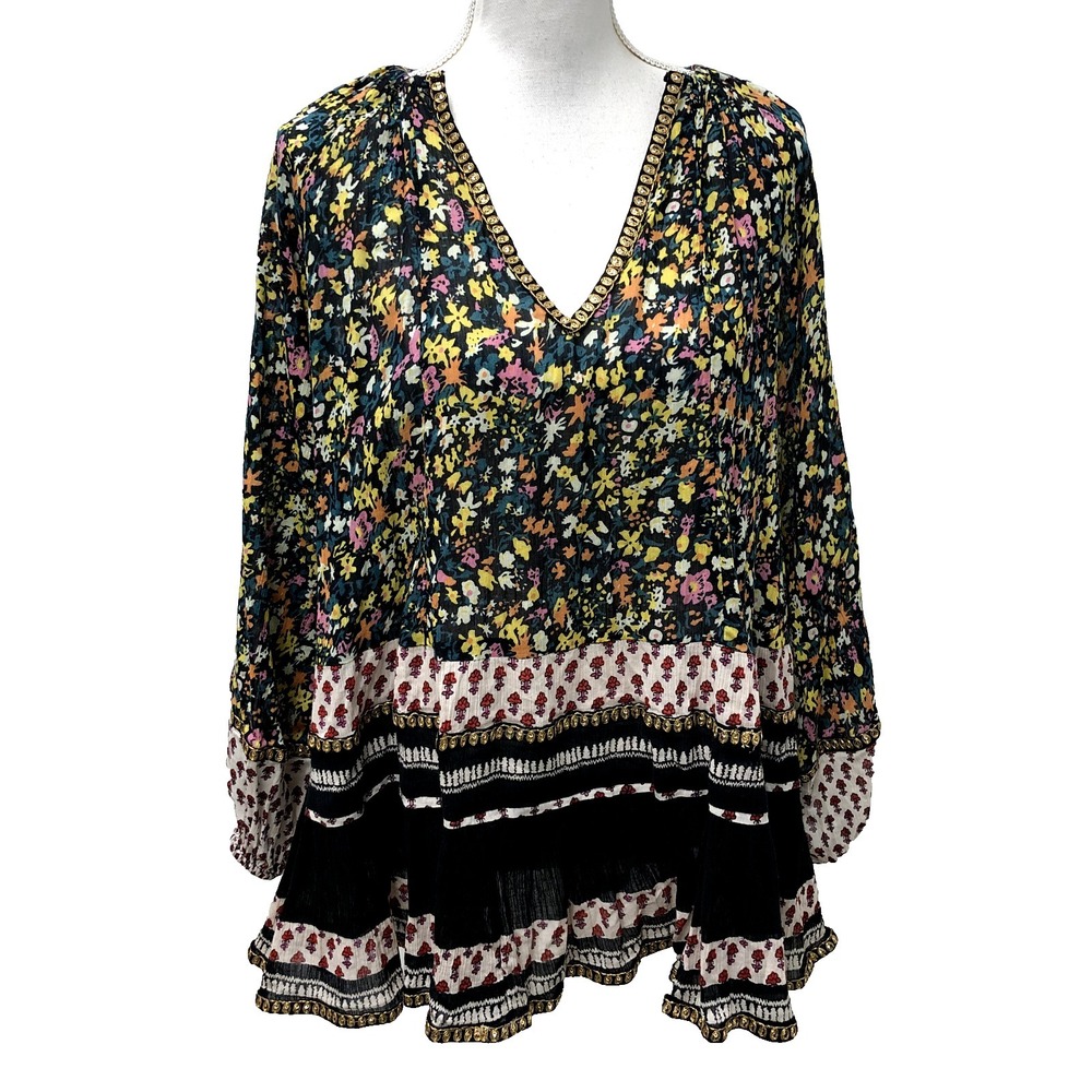 Free People Gardenia Printed Embellished Tunic‎ Top Womens XS Boho Retro Hippie